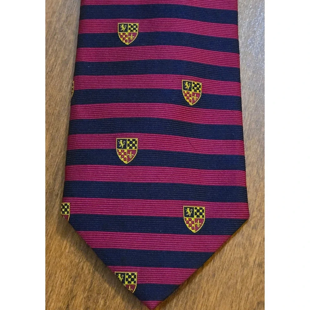 Brooks Brothers Makers Silk Tie Navy Burgundy Striped Crested Hand Made USA
